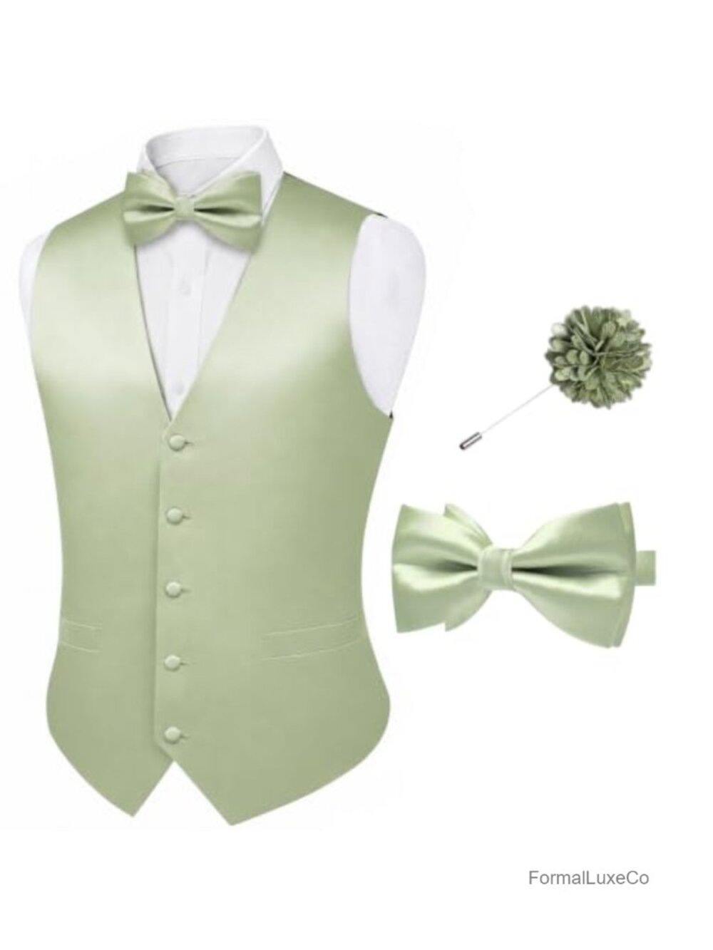 Mens Satin Suit Vest Bowtie Lapel Pin Set Formal Waistcoat